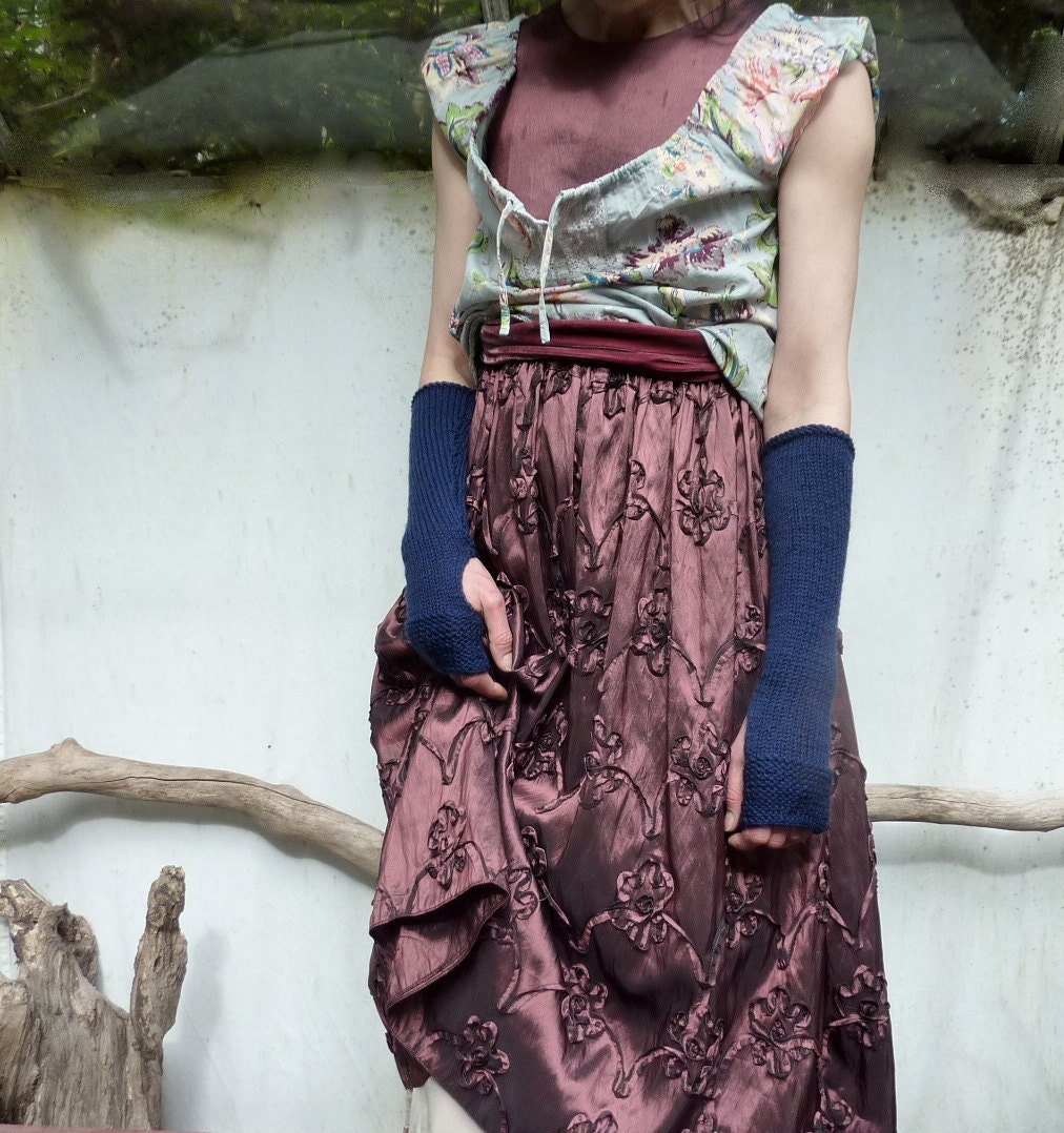 Dragonfly Gauntlets, hand knitted fingerless gloves, arm warmers, sleeves, navy blue merino wool