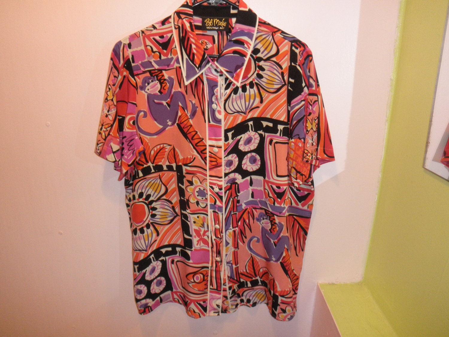 Bob Mackie wearable art silk tropical animal print blouse 90s colorful novelty printed shirt size M L