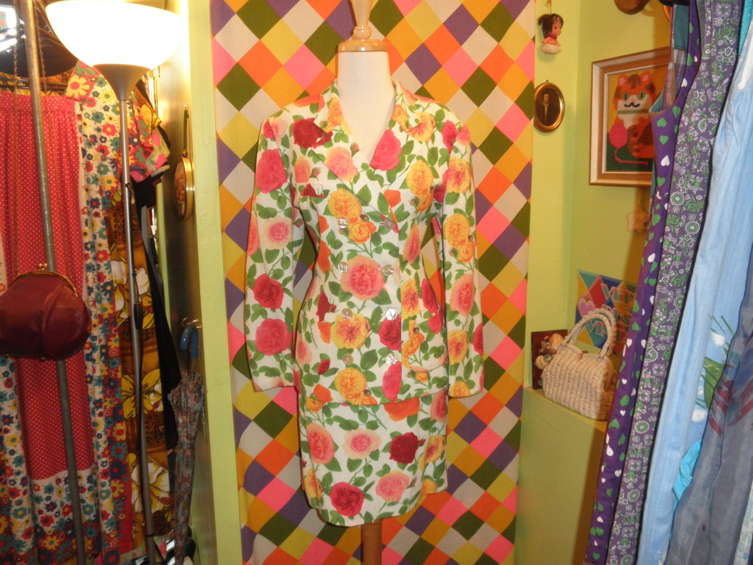 80s Emanuel Ungaro Bright Floral Rose Print Skirt Suit Set Size 12