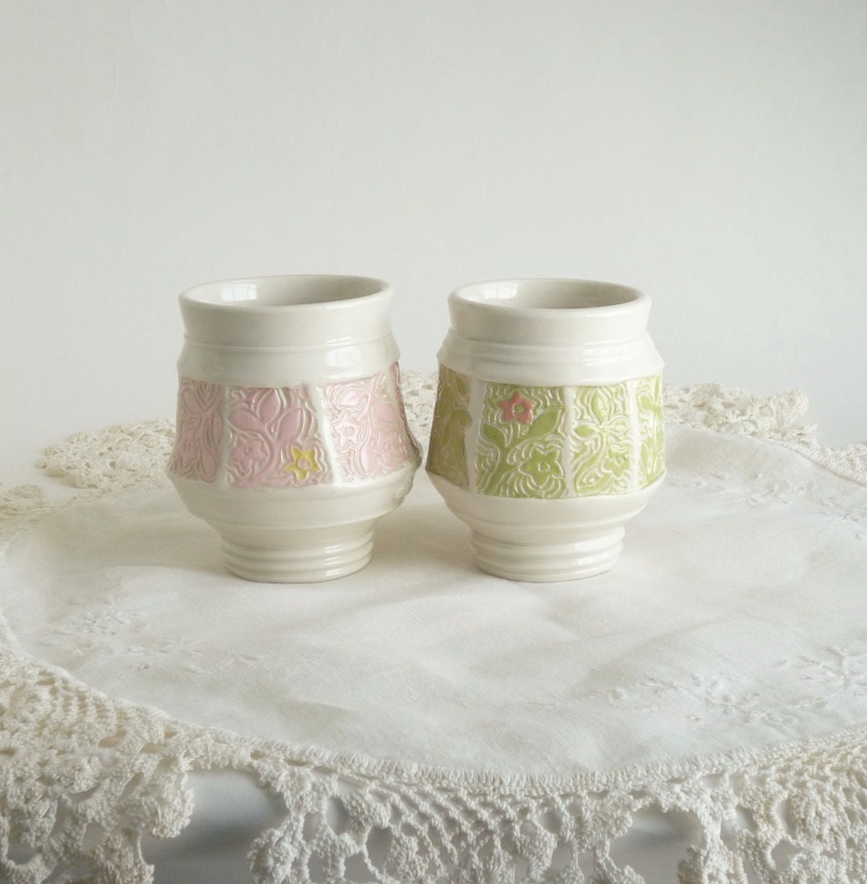 Two Tea Bowls, Pink and Green