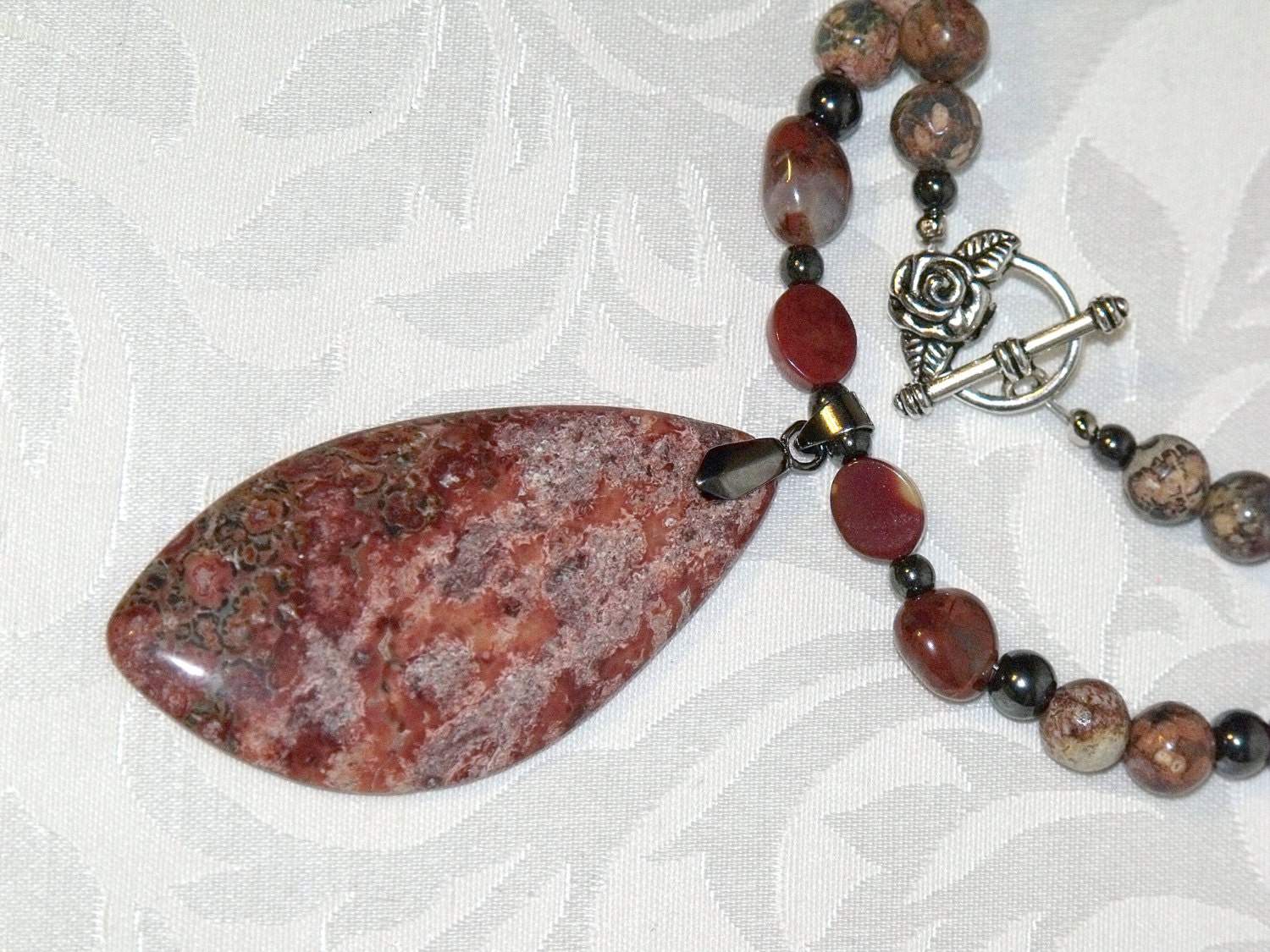 Semiprecious Stone Necklace Red Jasper Beads and Cabochon Pendant - gemstones rocks