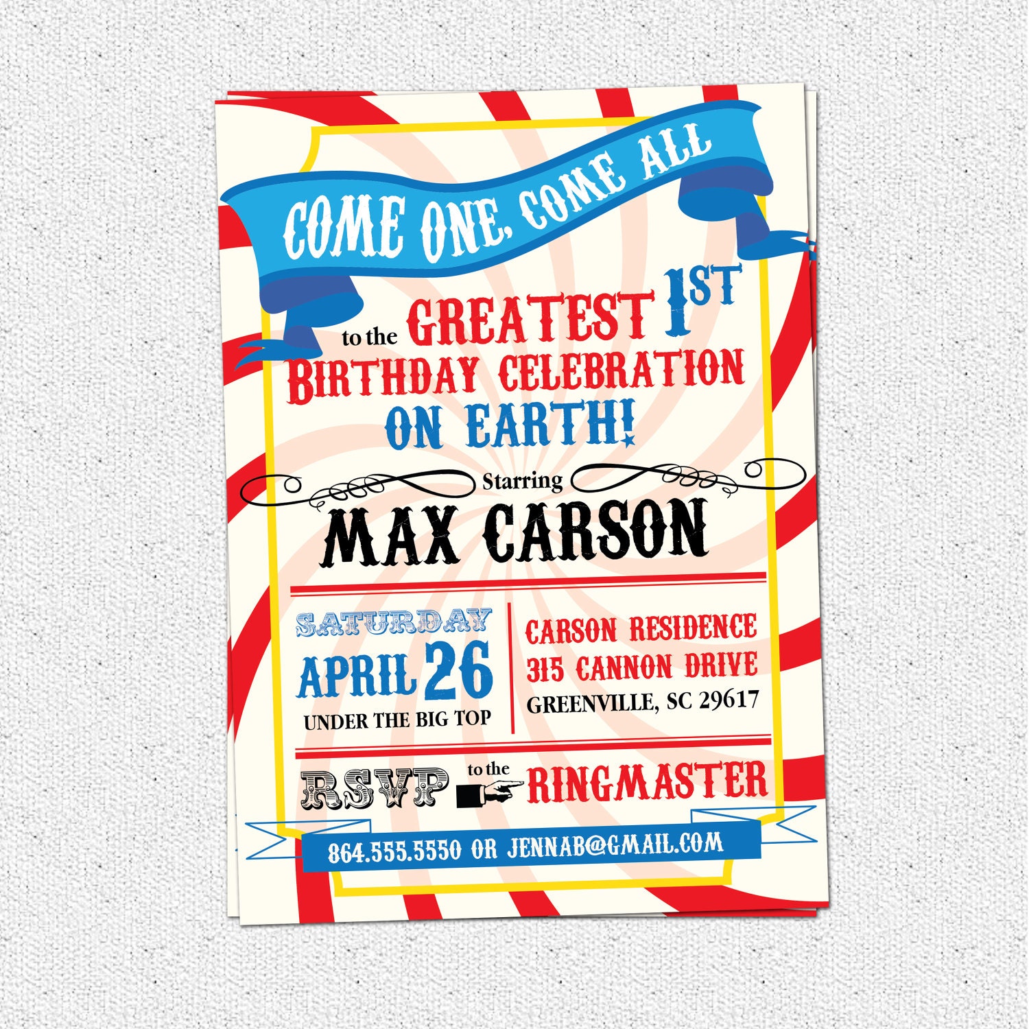 Circus Carnival Birthday Party Invitation, Big Top, Come One Come All, Greatest Show on Earth, Boy or Girl, DIY Digital File