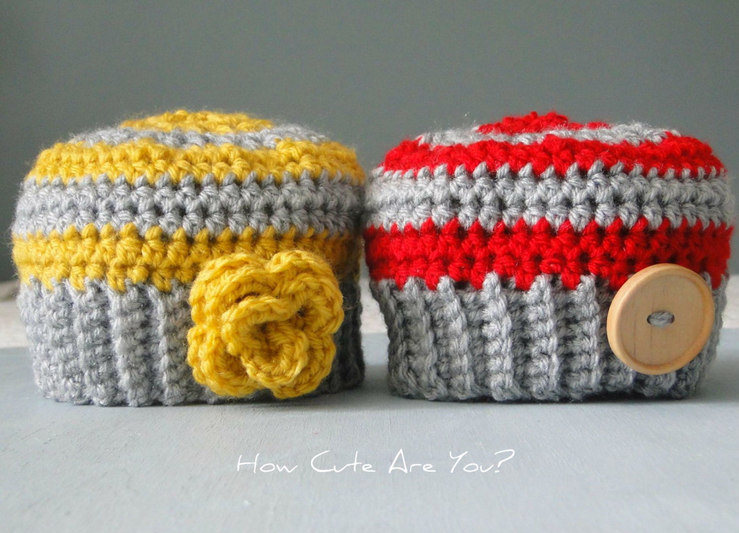 Baby Girl Hat Baby Boy Hat  Stripes with Flower or Button - Newborn to 6 Months - Ready to Ship
