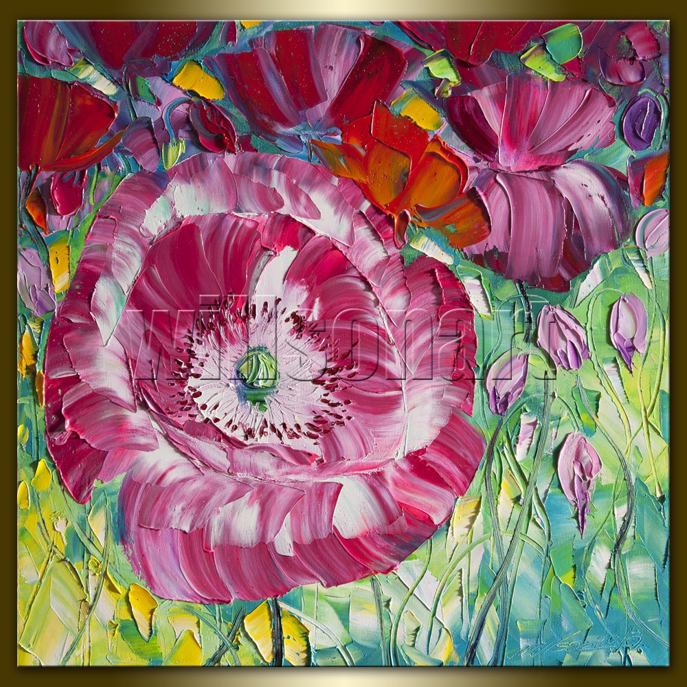 Modern Flower Canvas Oil Painting Poppy Poppies Textured Palette Knife Original  Floral Art 16X16 by Willson Lau