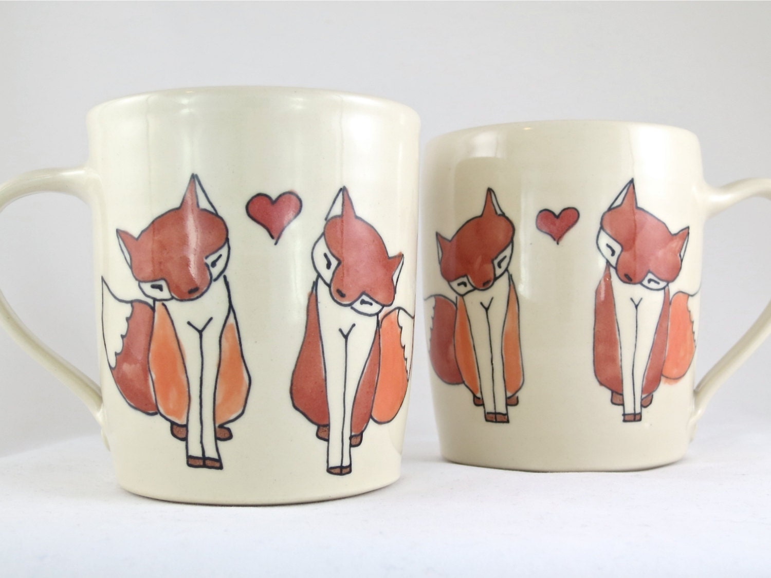 Wedding Gift - Engagement Gift - Foxes in Love - Pair of Two Matching Ceramic Mugs