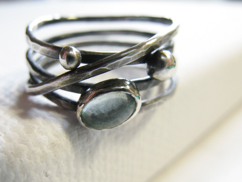 Sterling Silver Wide Band, Oxidized Organic Wrap Ring, Aquamarine and Silver pebble.