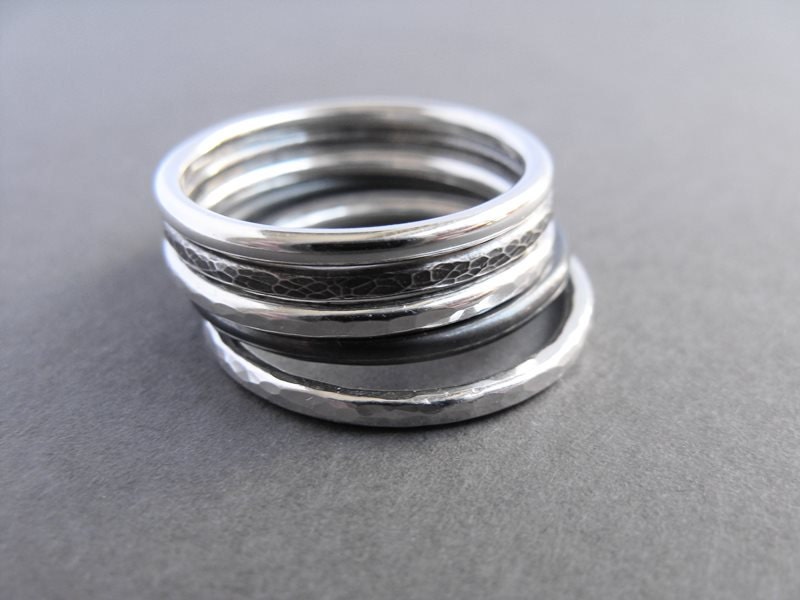 Five sterling silver stacking rings, minimalist stackable rings, mix style, oxidized, hammered silver ring