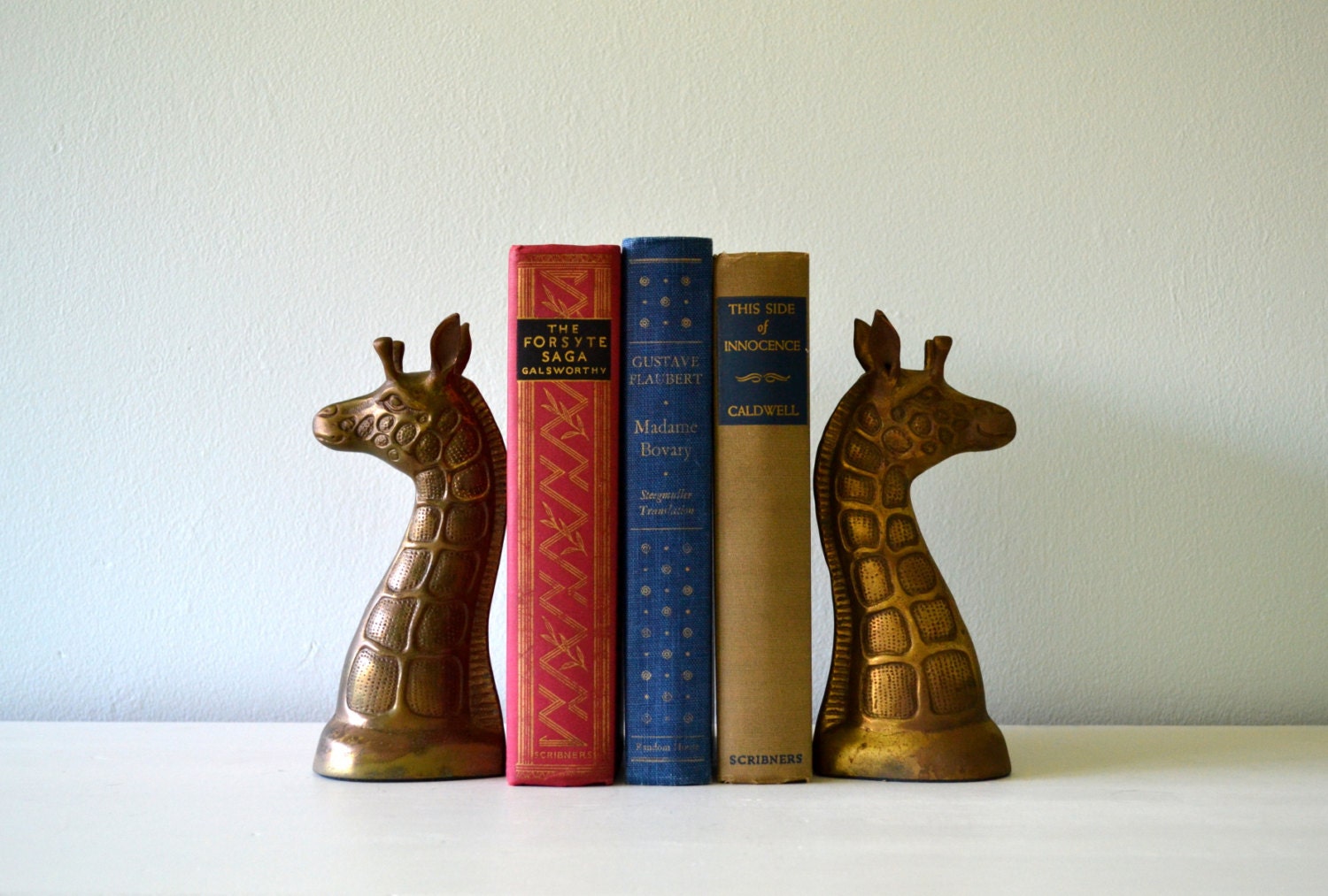Vintage Brass Bookends, Giraffe, Regency Gold Tone Zoo Animal Book Ends, Statue Figurines, Metal Library Decor