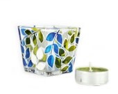 Hand Painted Glass Candle Holder Tea light  mini candle holder hand painted glass stained glass  White and blue leaves  home decor