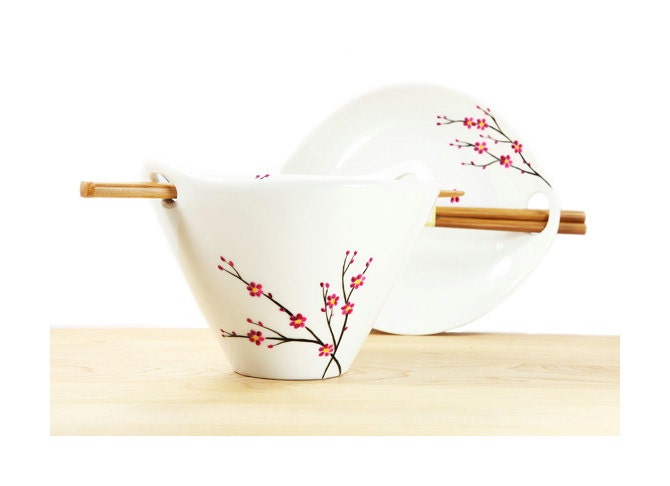 Hand Painted Bowl White  Ceramic Noodle Bowl  Asian cherry tree design pink black botanical minimalist kitchen decor serving dish