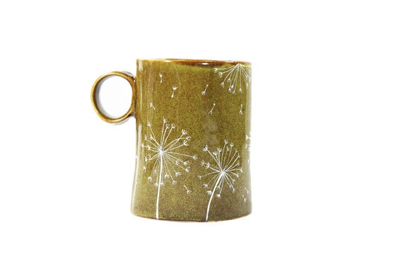 Hand Painted Ceramic Mug Olive green tea cup Dandelion  Rustic Coffee Mug Minimal  Spring  Kitchen Decor