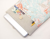 13 inch Macbook AIR case. Linen macbook case with flowers pocket and button closure. Macbook sleeve padded. Custom orders available