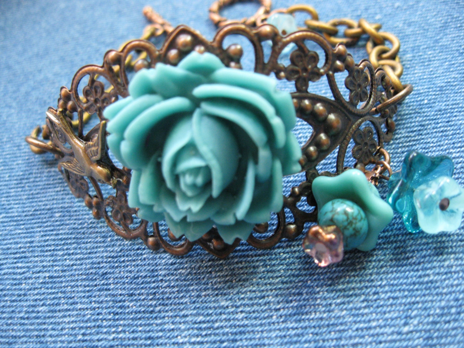 Copper Filigree Cuff Bracelet with Turquoise Rose - Vintage Inspired