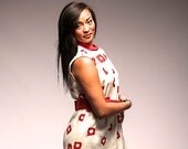 60s Graphic Dress/ Orange, white print/ Mod print/ Rare L