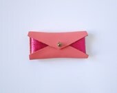 Leather Mini Business Card Case - Pink & Metallic Fuchsia Color Block