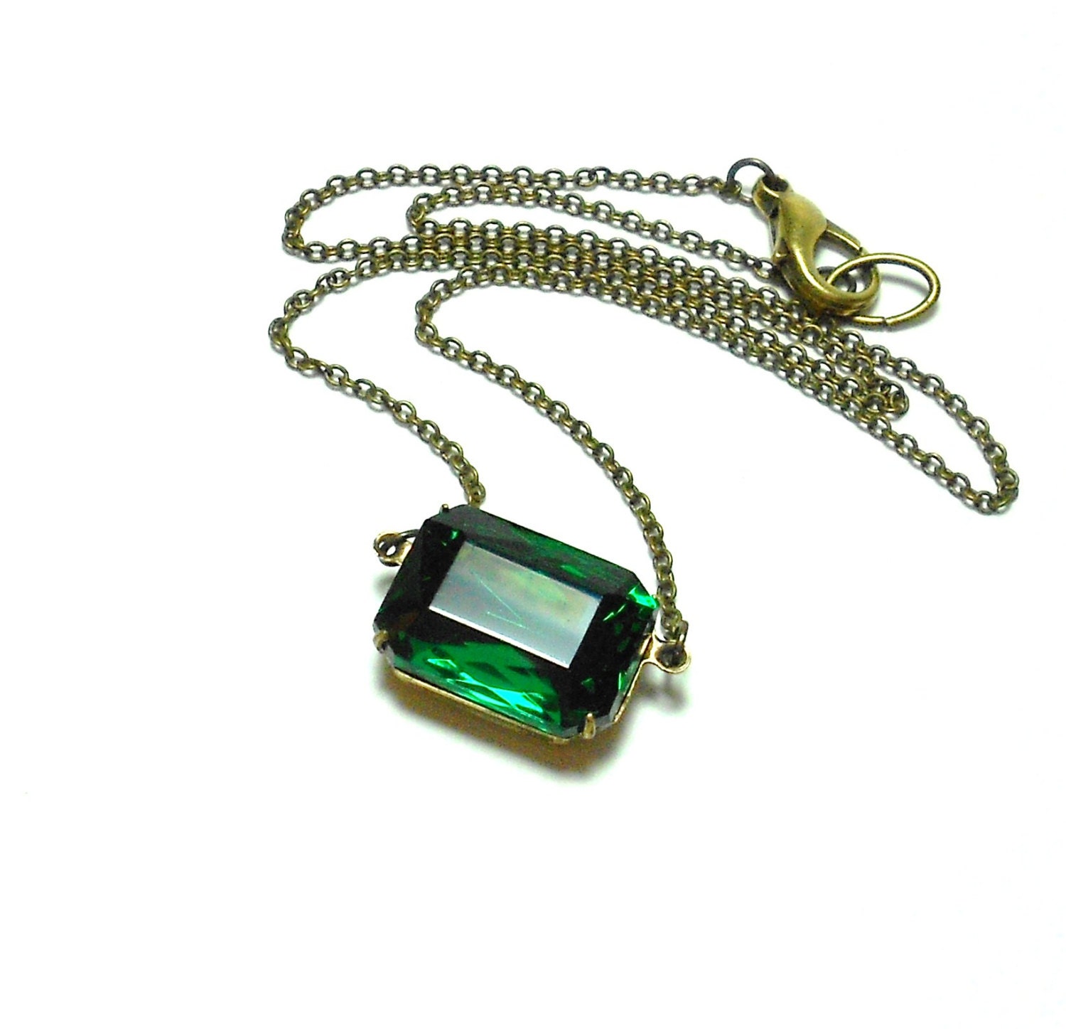 Old Hollywood Vintage Glass Jewel Necklace - Estate Jewelry - Emerald Necklace - Art Deco Necklace