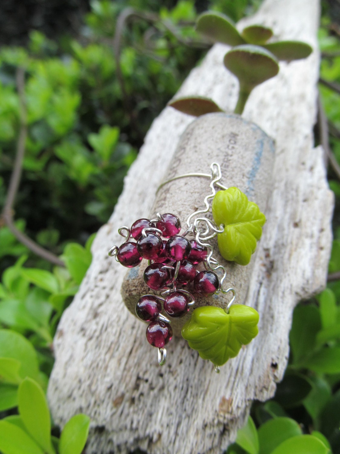 Found drift wood and wine cork jade planter .925 sterling silver wire and garnet grapes wall plant