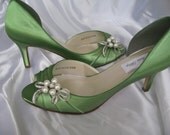 Wedding Shoes Apple Green Bridal Shoes with Pearl and Crystal Rhinestone Bow Design -100 Additional Colors To Pick From