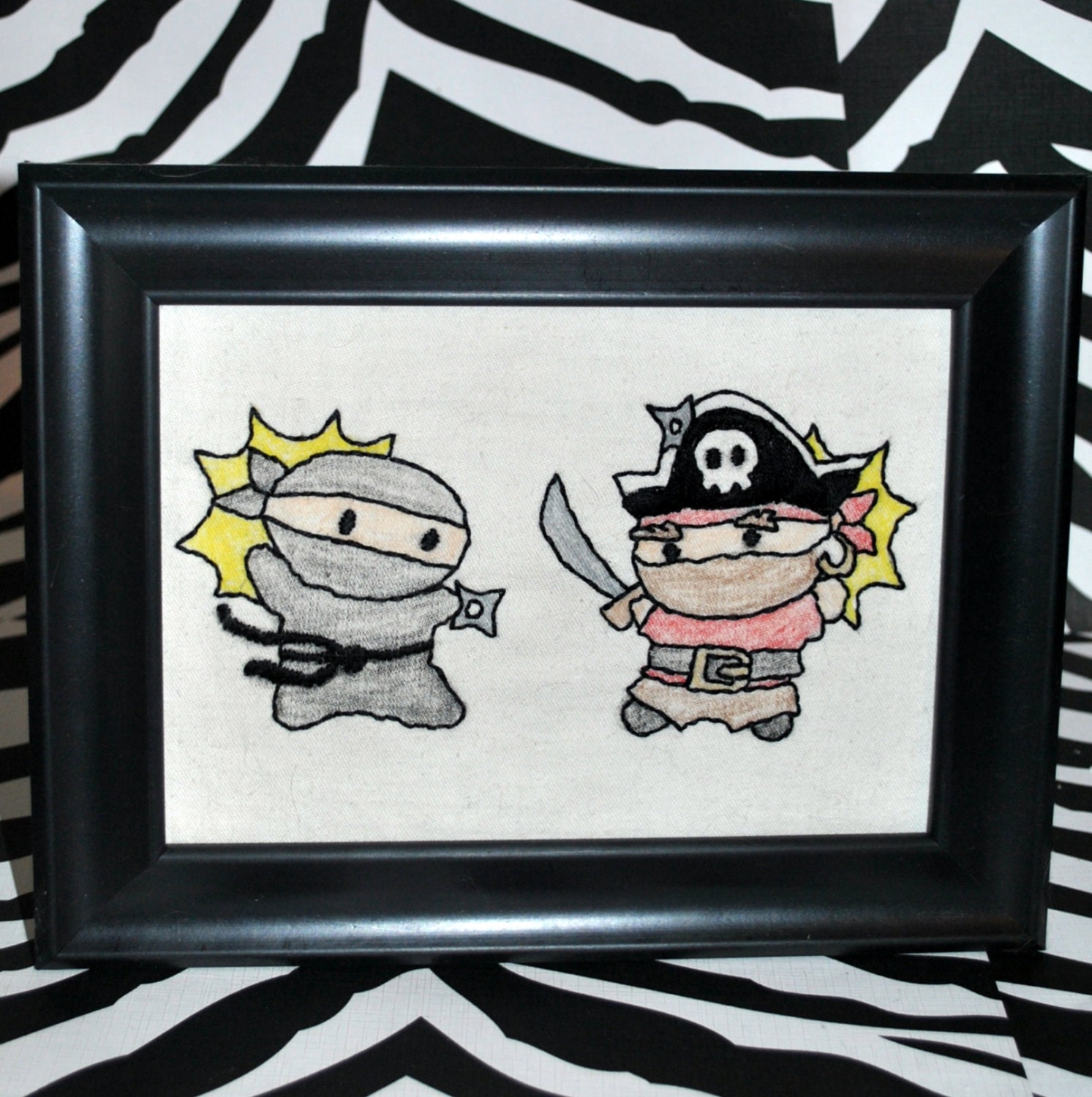 Pirate vs Ninja Framed Embroidery