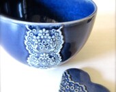 Blue Porcelain Lace Bowl with Heart Cutlery Rest Set-Hideminy Lace Series