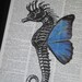 Upcycled  Dictionary Book Print Seahorse with Blue Wings on Vintage Dictionary Page 8 x 10 HHP Original Design and Concept