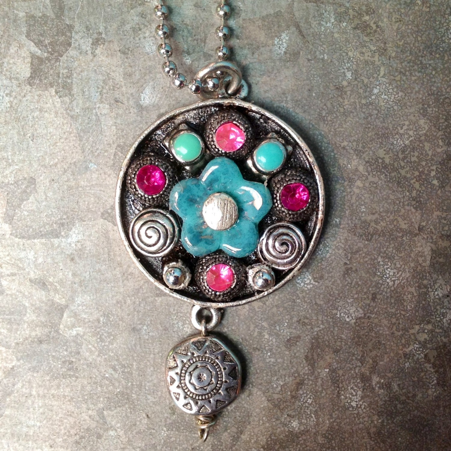 BoHo Pink - Teal Flower Power Necklace Pendant
