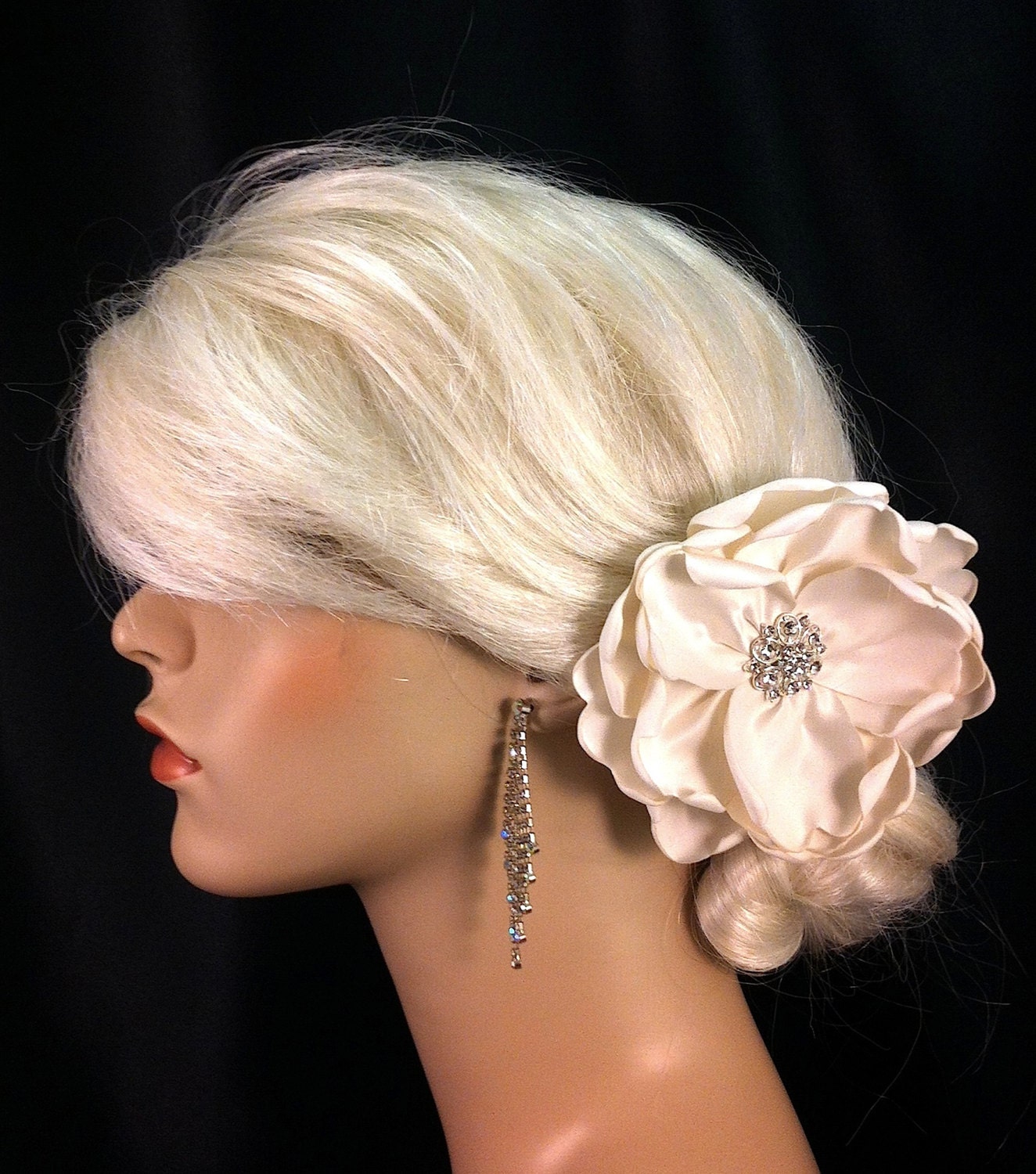 My Wedding Day Ivory Rose - Handmade Ivory or Champagne Bridal Flower Fascinator with Elegant Rhinestone Center, Hair