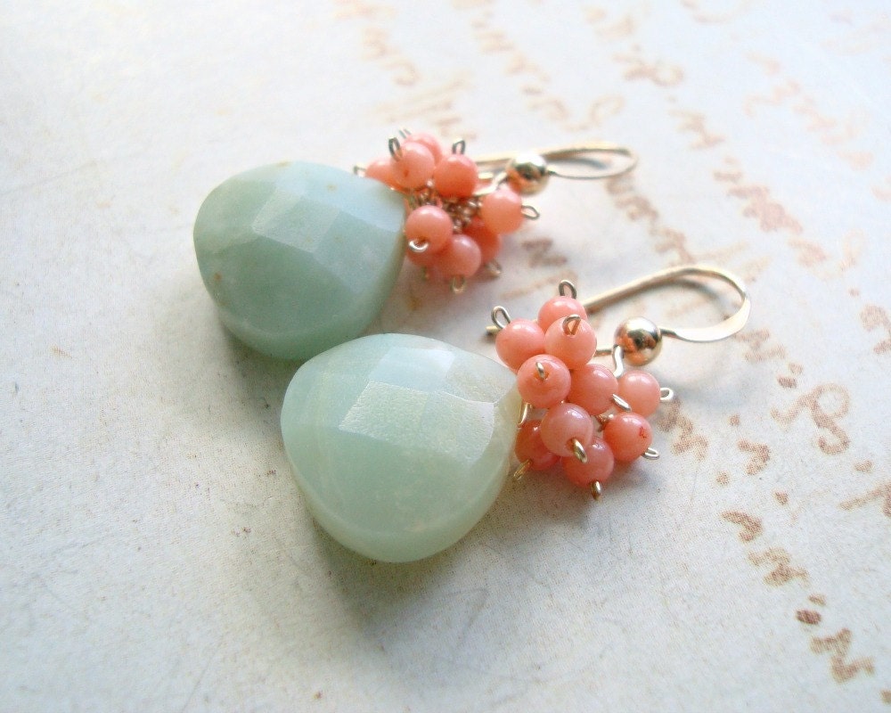 Peach Coral Amazonite Earrings, Peach Mint Earrings, Mint Coral Earrings, Aqua Peach Dangle