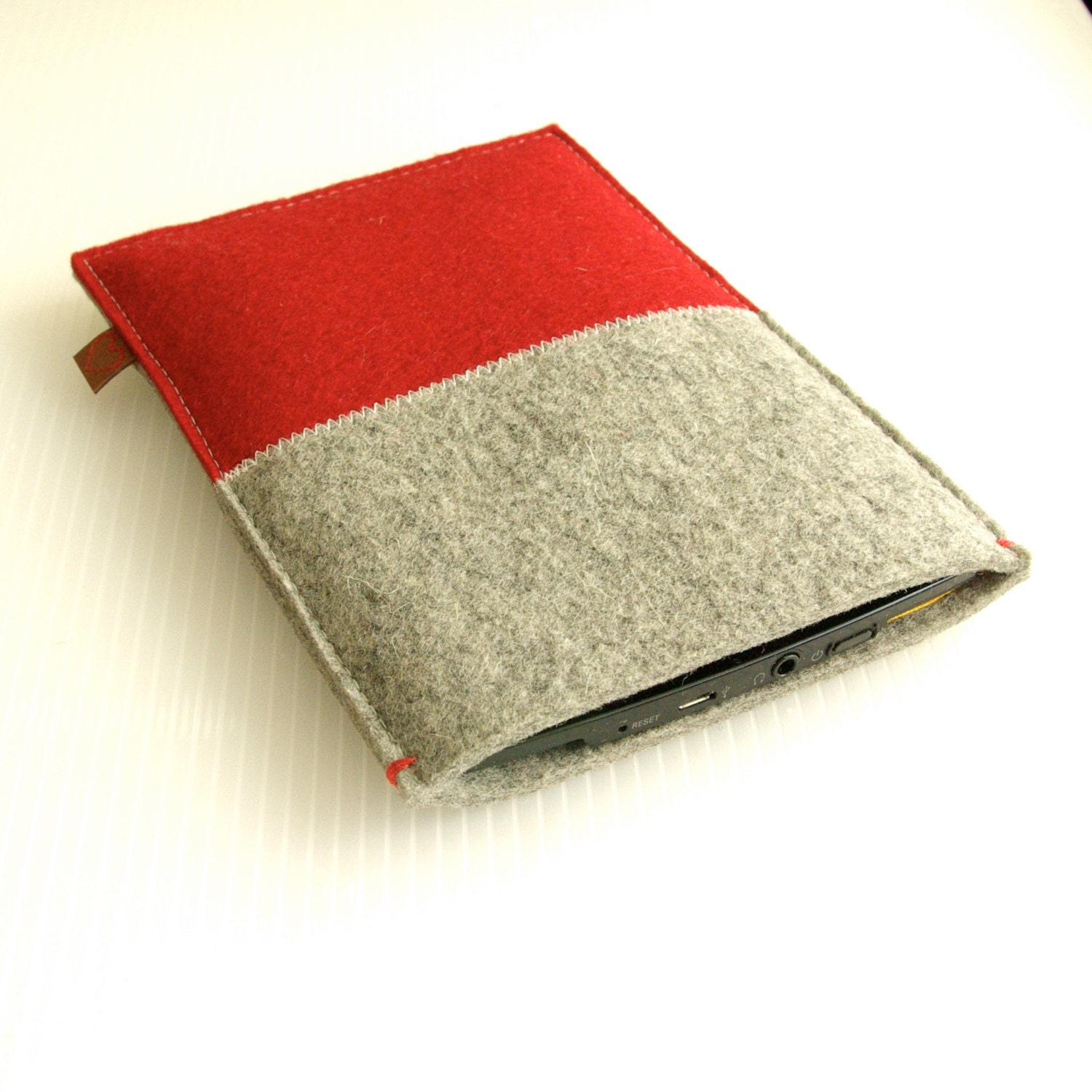 KINDLE PAPERWHITE cover - wool felt in grey and red - Ereader sleeve, Sony prst, spring, bright, Handmade in Holland