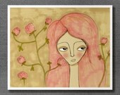 Red Clover Girl 8x10 / Spring Flowers Illustration, Giclee, Reproduction, Digital Print, Girl Portrait, Coral, Pink, Neutral