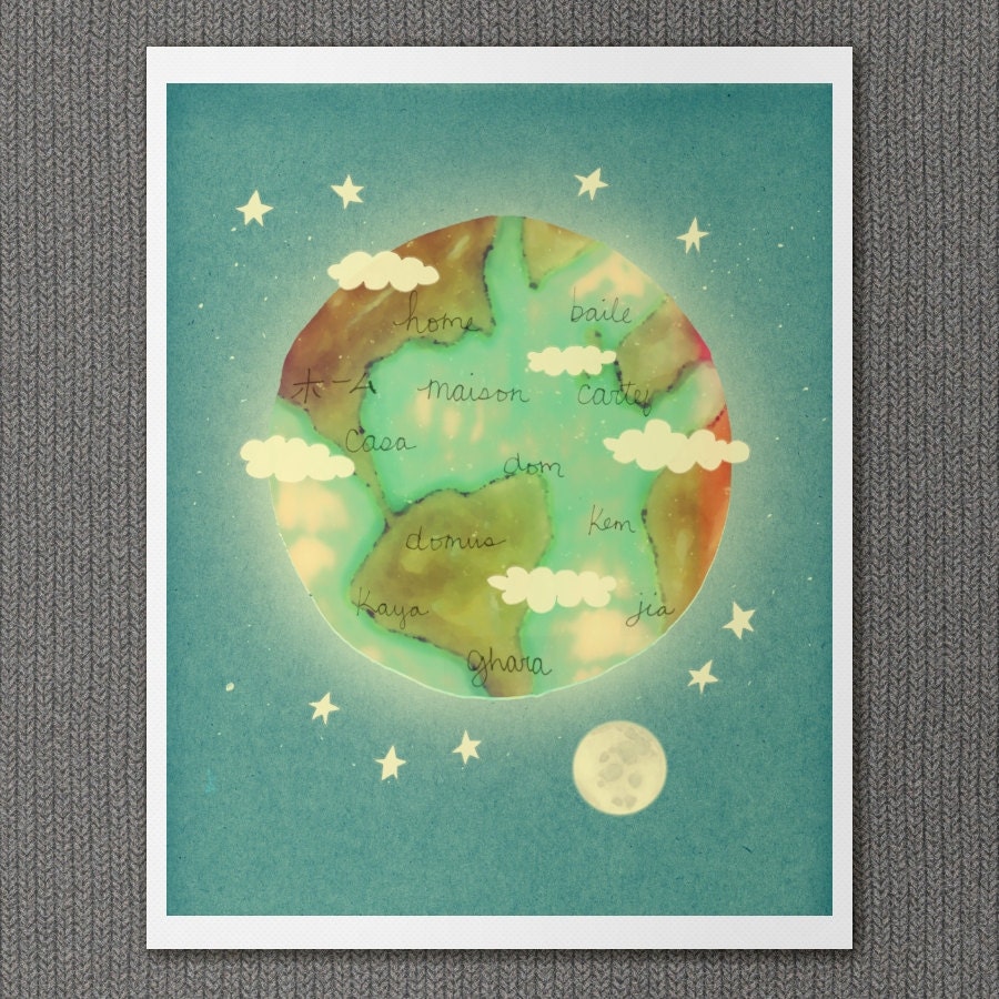 Home 8x10 / Digital Typography Print, Outer Space Theme, Earth, Eco-Friendly, Green, Playroom, Kids Room Art, Nursery Art, Dorm Room Decor
