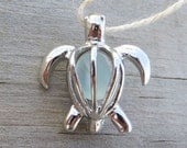 Pale Sky Blue Sea Glass Turtle Locket Honu