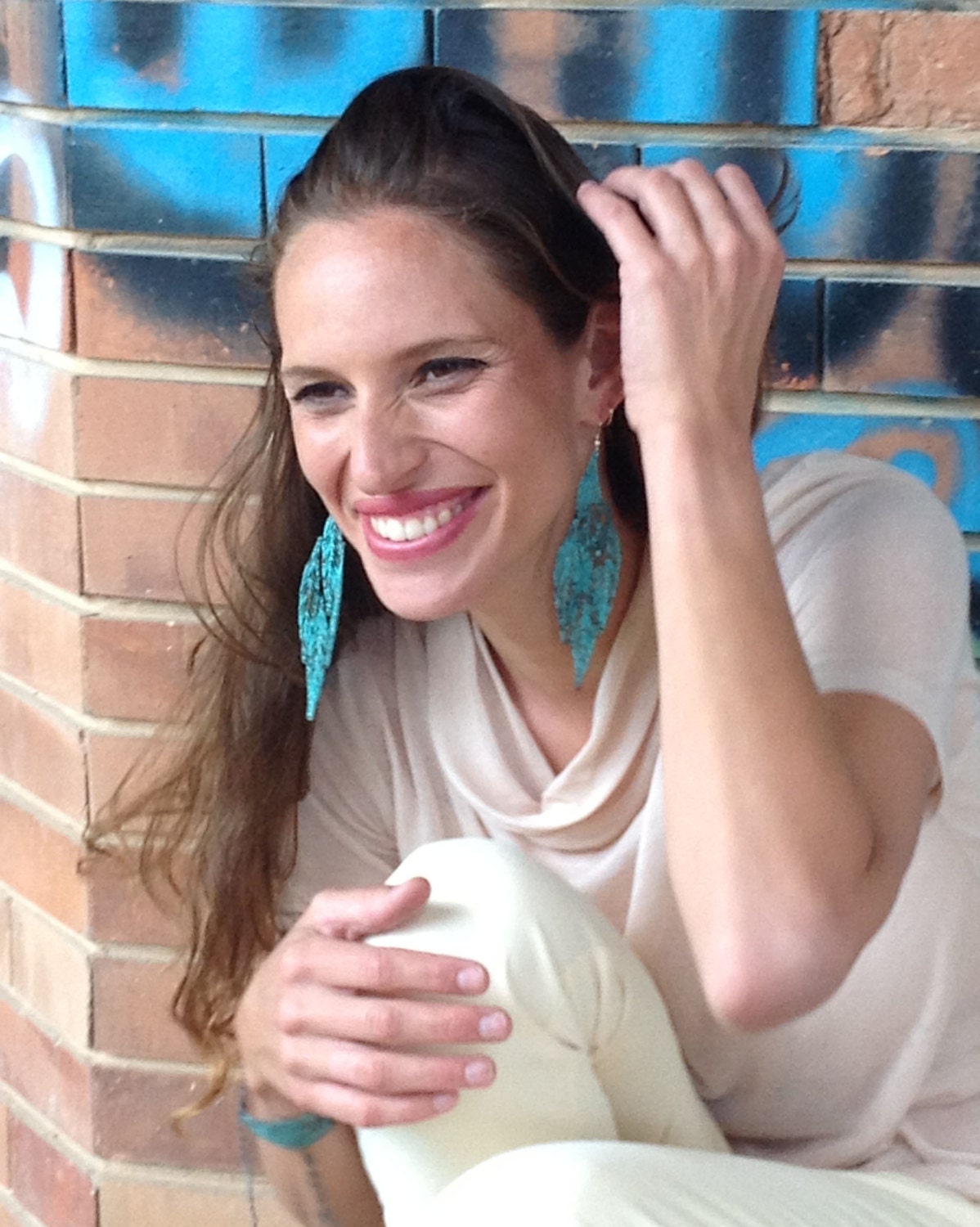 Statement long earrings, Patina long leaf green blue metal lace earrings