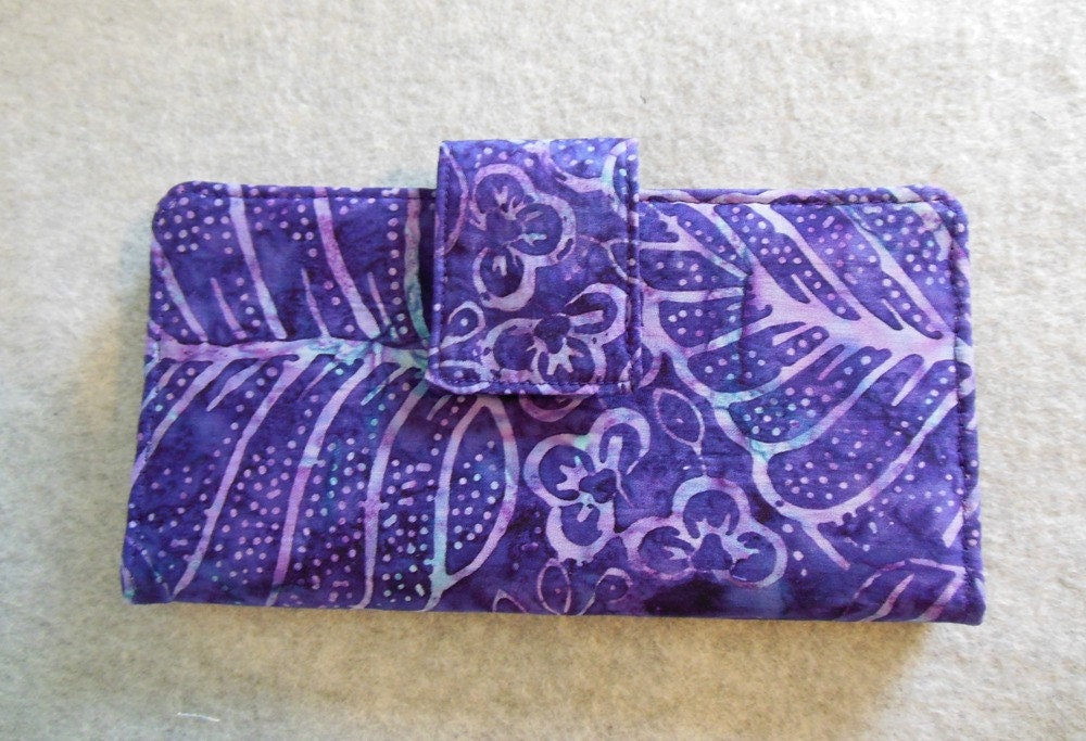 Fabric Wallet - Purple with Flowers and Leaves Batik Print