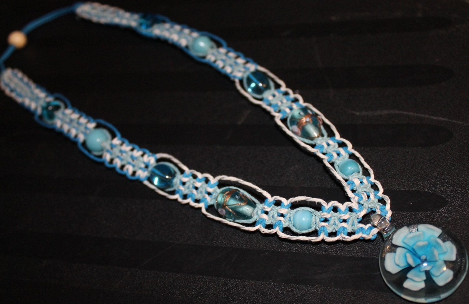 Blue Lotus Flower Hemp Necklace with glass beads, macrame, hippie
