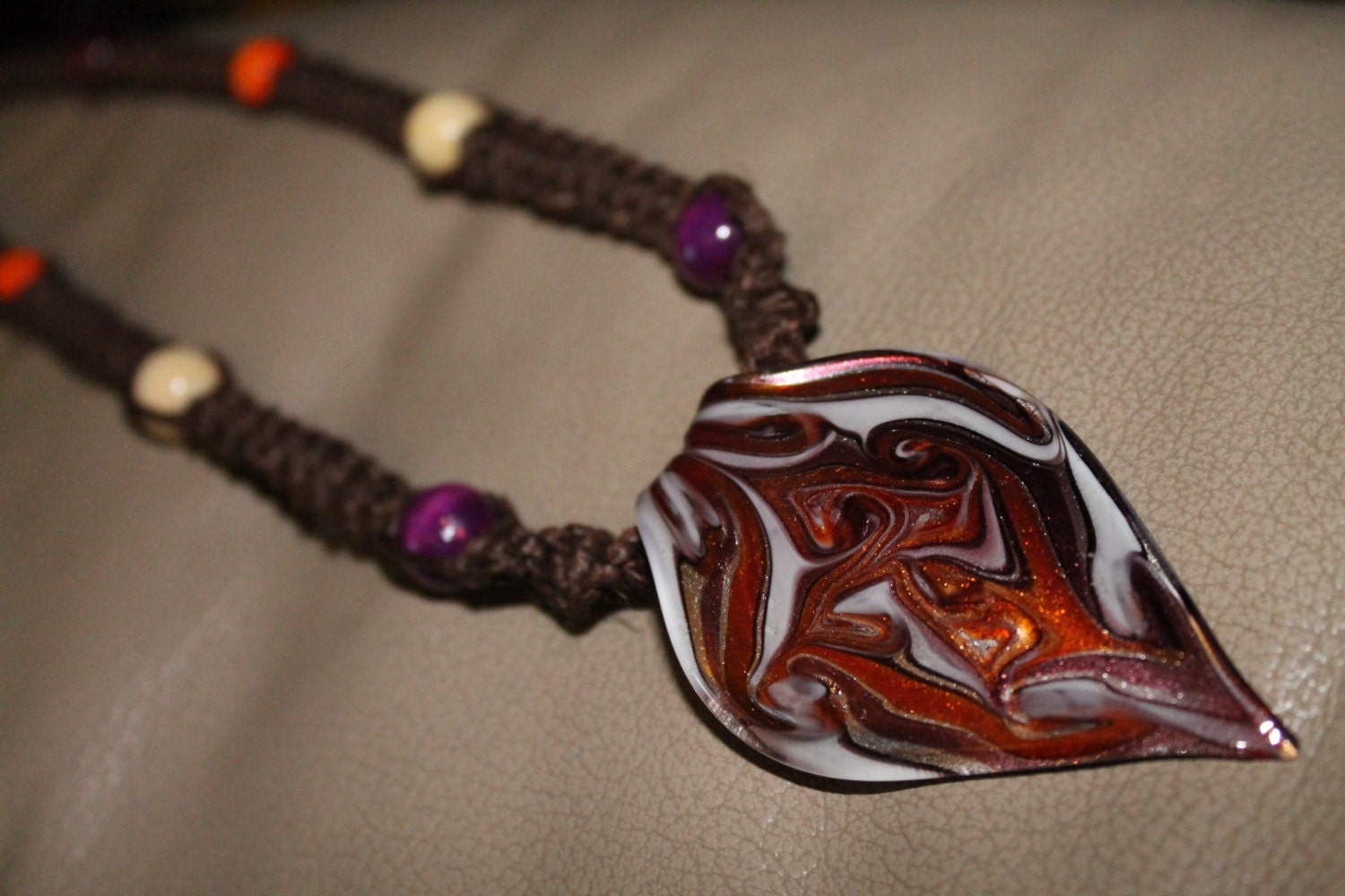Brown hemp necklace with wood beads & swirly glass pendant, macrame, hippie, natural, thick