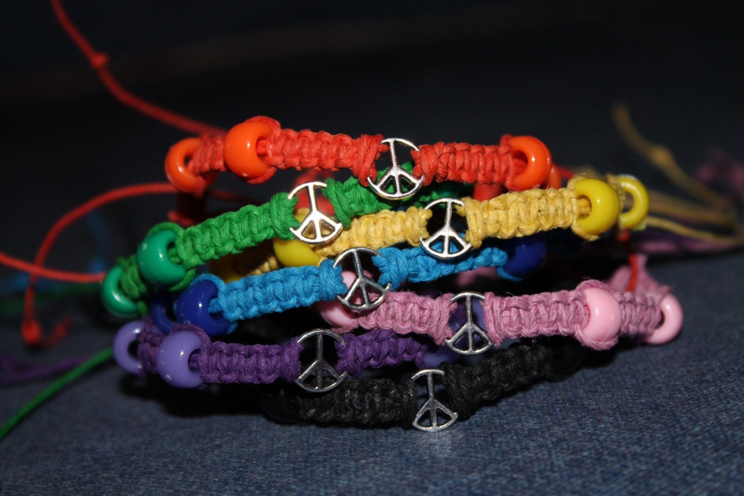 Hemp Peace Sign Bracelet- your choice of color, rainbow, macrame, hippie, charms, beaded, natural
