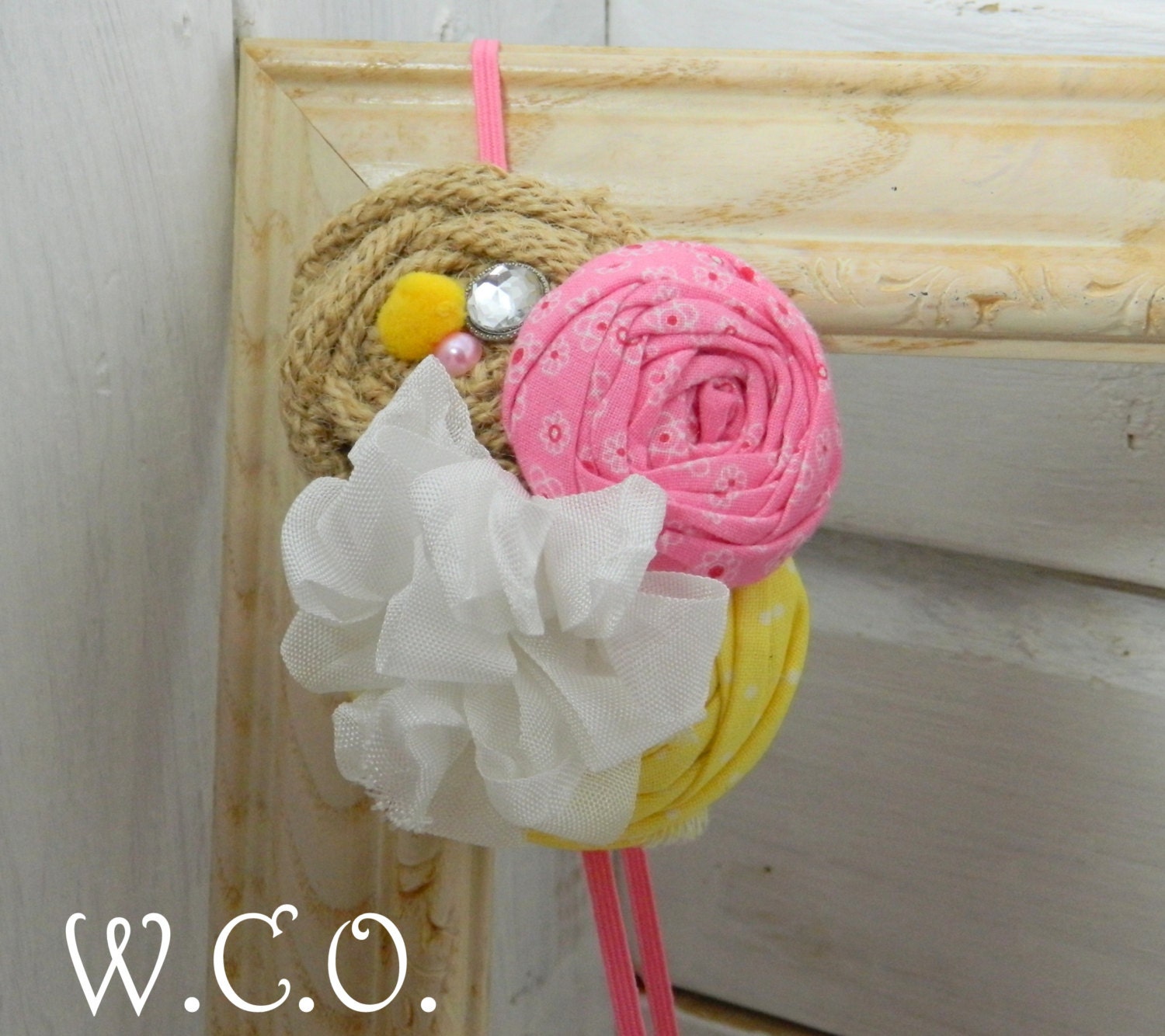 the ELLIETTE Pink, Yellow and White Rolled Fabric and Burlap Rosette Flower Headband or Hair Clip