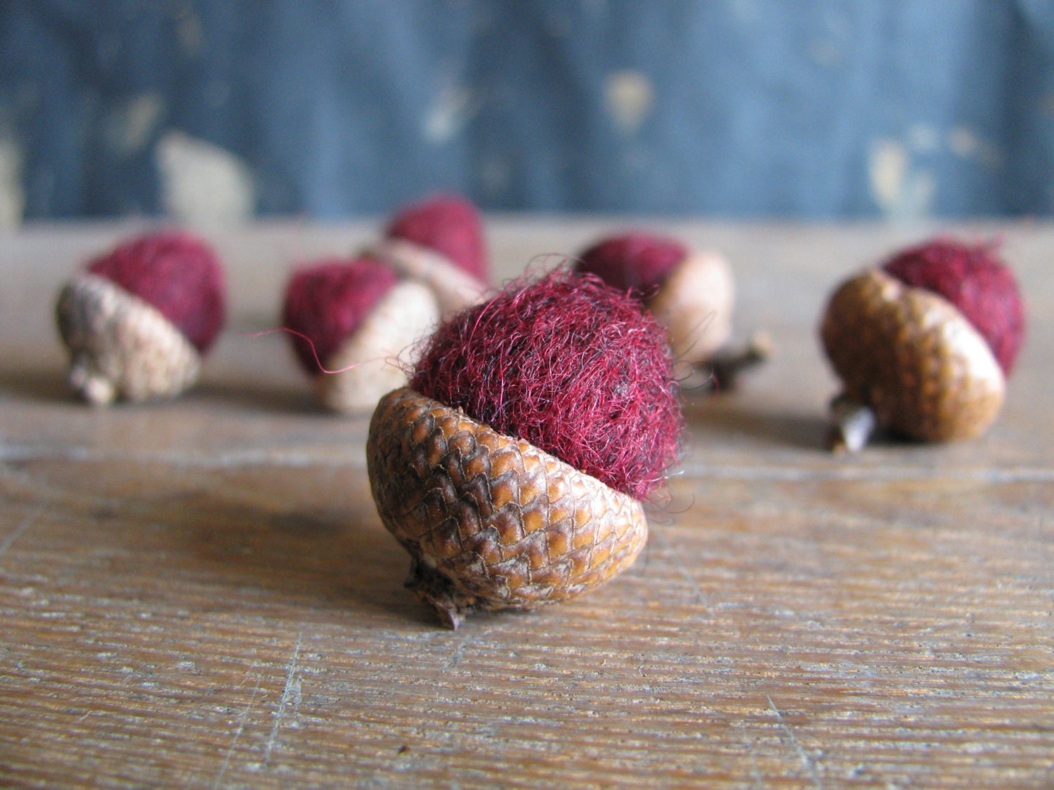 Felted wool acorns, set of 6, black cherry red
