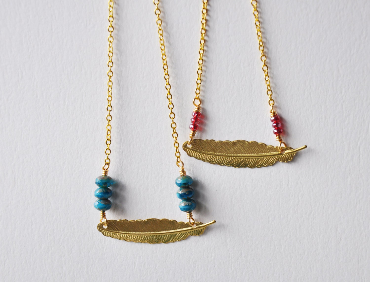 Gold Feather Necklace - Wire Wrapped with Picasso Czech Glass Beads - Long Necklace - Bohemian - Indie Jewelry - Layering Necklace