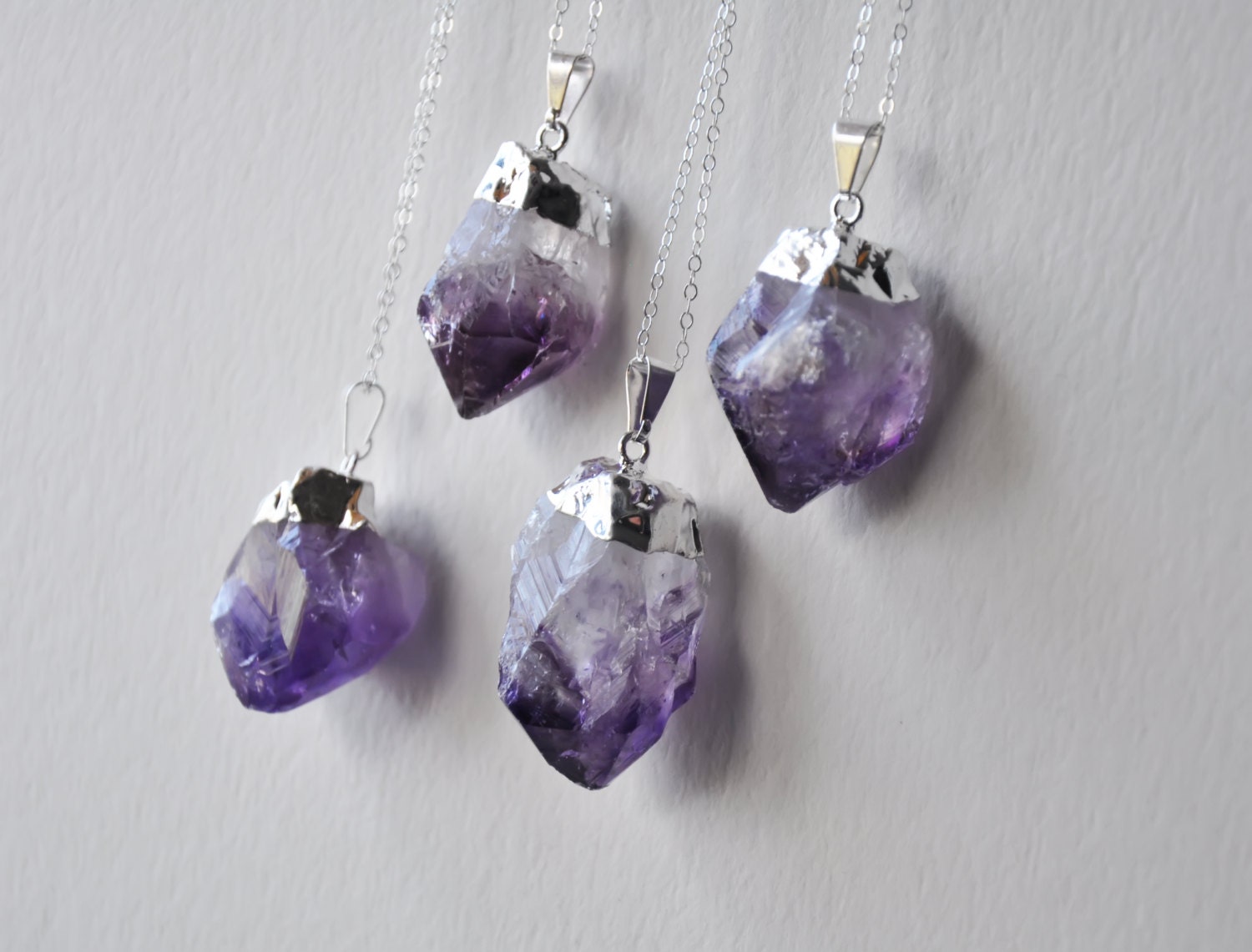 Raw Amethyst Electroplated Dipped Rock - Sterling Silver 925 Chain Necklace - Rough Cut - February Birthstone