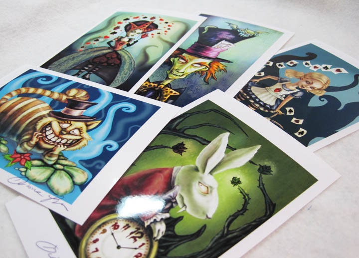 Alice in Wonderland Art Prints - 5 mini print set- Cheshire, Alice, White Rabbit, Mad Hatter and Queen of Hearts