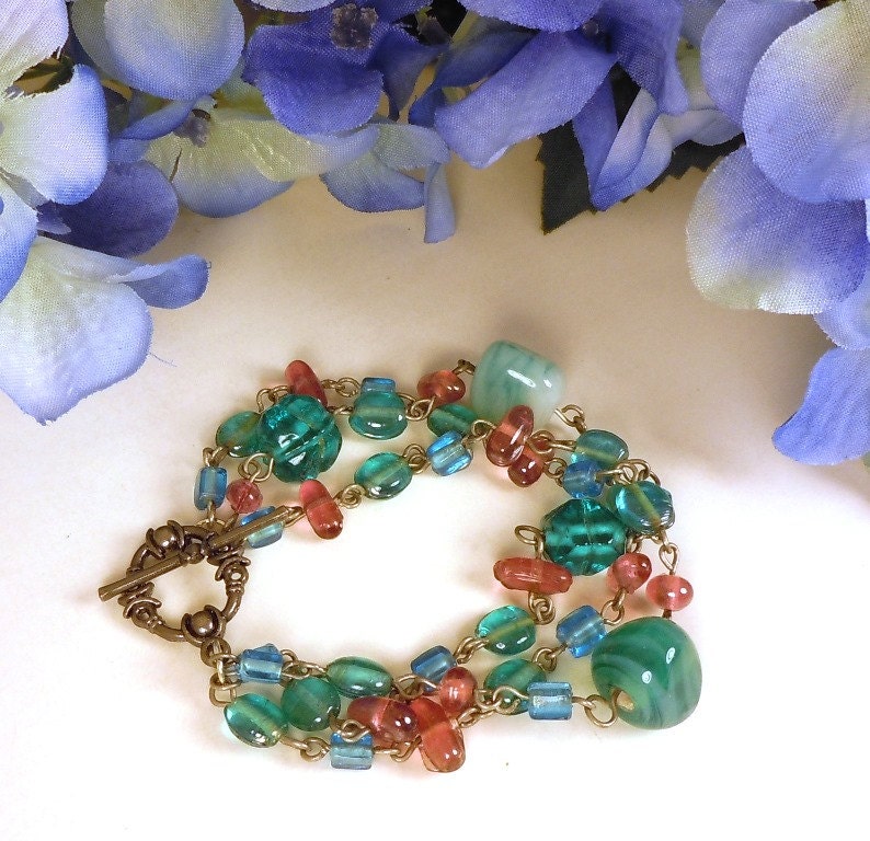 Handmade Bracelet Vintage Czech Glass Triple Strand