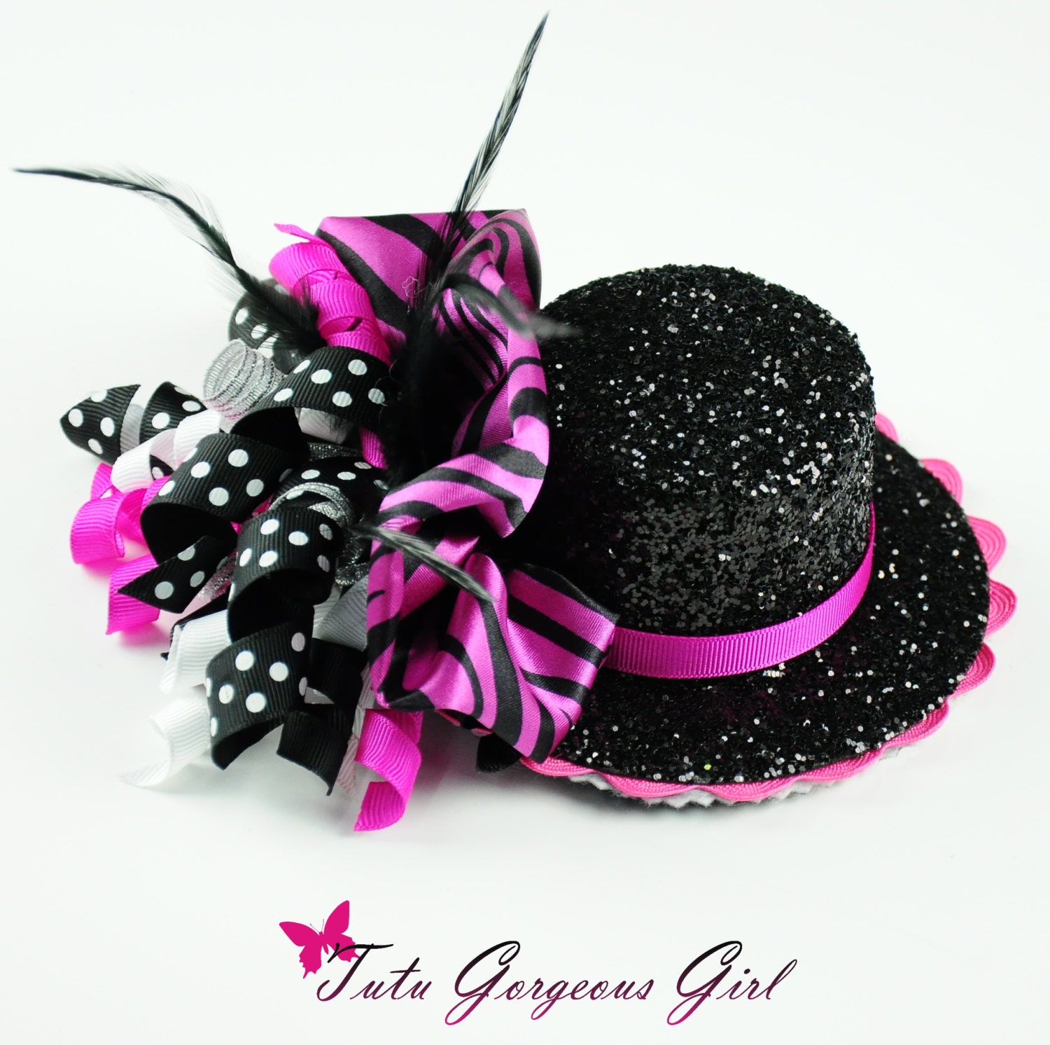 Fuchsia White and Black Glitter Mini Top Hat with Korker Bows...Infant, Toddler, Girls, Women...DIVALICIOUS