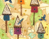Mixed media bird painting, blue birds, bird houses, collage, art, 8 x 10 limited edition print 1/250, "Coming Home"
