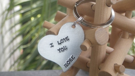 I Love you More Handstamped Heart Keychain. Makes a Awesome Gift for any Occasion.