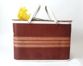 Large Vintage Red Picnic Basket ... Woven, Striped, Farmhouse, Day at the Park, Red and White