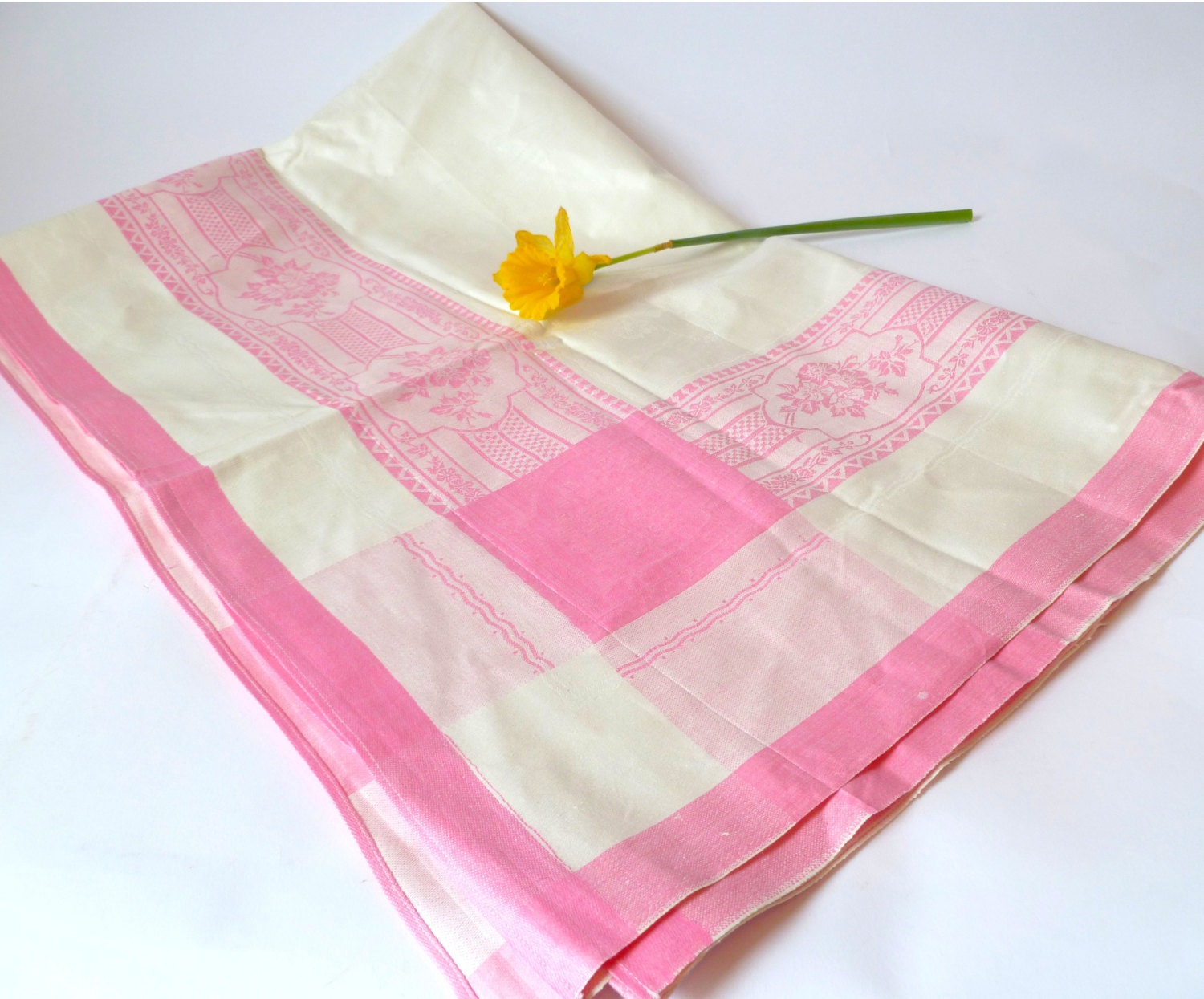 Vintage Pink and White Damask Tablecloth ... Table Cloth, Pastel, Dining, Picnic, Textile, Rectangle