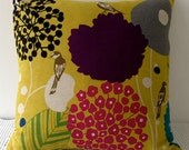 NEW Japanese fabric cushion cover in mustard yellow background with bird and floral motif, throw pillow, decorative cushion