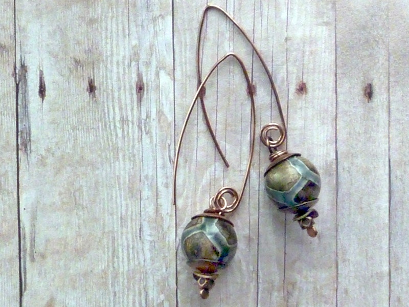Green Rustic Copper Drop Earrings Earthy Tibetan Agate Gemstones Tribal Boho Bohemian
